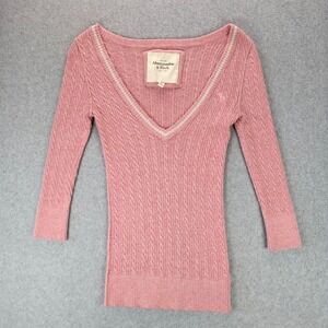 Abercrombie Fitch V-Neck Sweater L Pink Cable Knit Rabbit Hair 3/4 Sleeve Bella